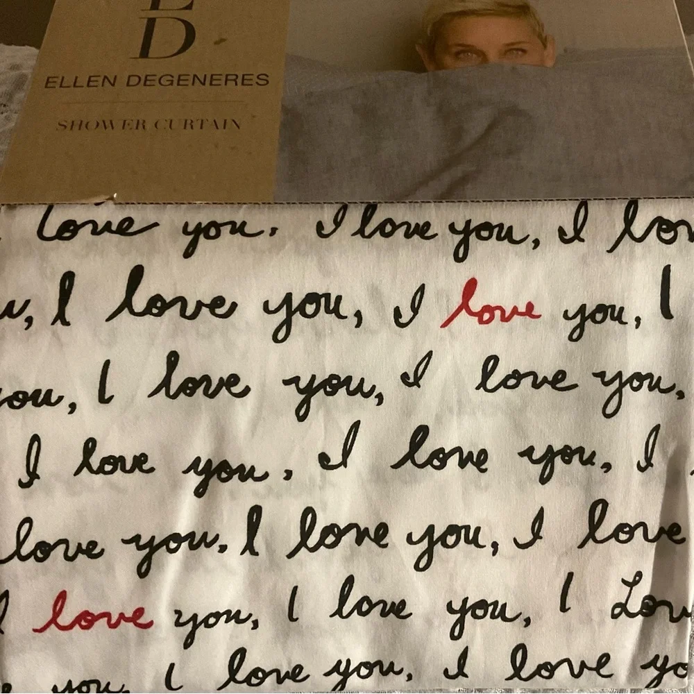 Ellen DeGeneres White and Black I L❤️VE YOU…Shower Curtain💌